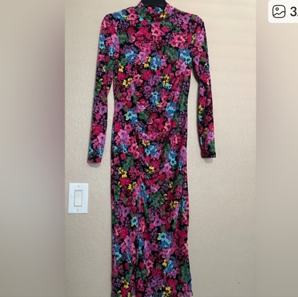 Long Sleeve Floral Maxi Dress in Pink Multi-Color